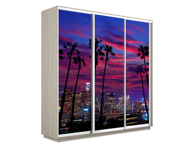 Шкаф-купе Экспресс 3-х дверный (Фото №1014 Закат над городом), Ясень Шимо светлый